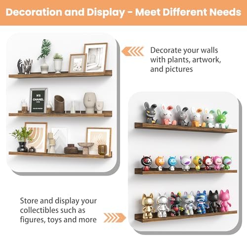 upsimples Floating Shelves for Wall Decor and Storage, Brown, 6Pcs 47.3''