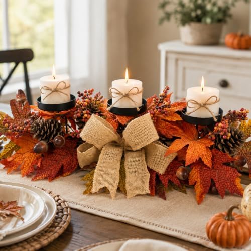 Fall Candle Holder Centerpiece with Maple Leaves, Pinecones, Berries & Burlap Bow,Thanksgiving Table Centerpiece Decoration for Dining Table, Mantel & Autumn Harvest Home Décor