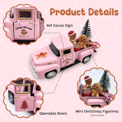 Pink Gingerbread Christmas Decor Farmhouse Metal Truck with Mini Hot Cocoa
