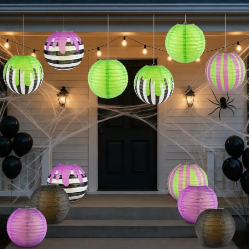 THAWAY 12 Pack 10 inch Halloween Paper Lanterns Black Purple Green Striped