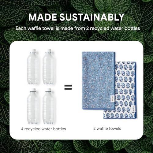 RECYCO Waffle Kitchen Towel Set of 2 - Quick Dry Microfiber Sustainable Dish Towels - Ultra Absorbent Reusable Cleaning Tea Towels - Lightweight Hand Towels,16”x 28”, Porcelain Blue