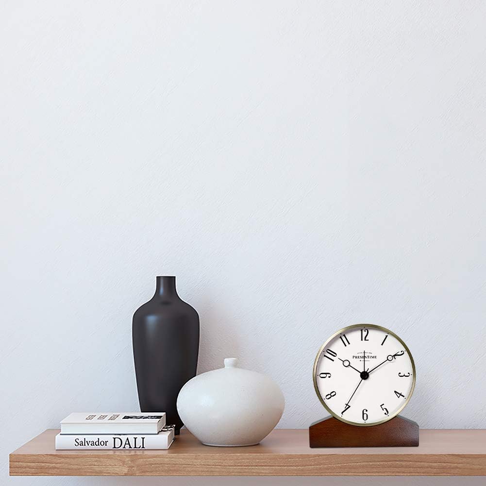 Mozart Mantel Alarm Clock | Desk & Shelf Clock, 6 x 5.5 Inch, Silent Non-Ticking, Wooden Base, Walnut Finish, Gold