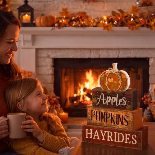 Moucuny 4 Pcs Fall Pumpkin Wooden Block Signs Tabletop Tiered Tray Decor