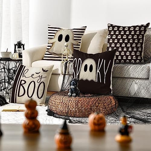 AVOIN colorlife Halloween Hey Boo Cute Ghost Spooky Throw Pillow Covers, 18 x 18 Inch Horror Scary Cushion Case for Sofa Couch Set of 4, Black