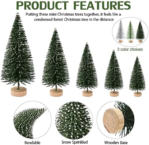 30Pcs Mini Christmas Tree Decor, Artificial Christmas Tree 5 Sizes,Mini Sisal Snow Frost Trees with Wooden Base for Christmas Decor Christmas Party Home Table Craft Decorations (A-Green/Silver)