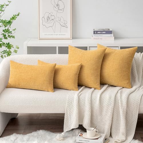 MIULEE Soft Chenille Lumbar Throw Pillow Covers Beige Yellow 12x20 Inch