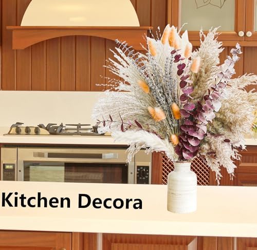 Fall Dried Flower Bouquet with Pampas Grass, Orange Bunny Tails, Lavender & Red Eucalyptus –Boho Fall Decor for Home