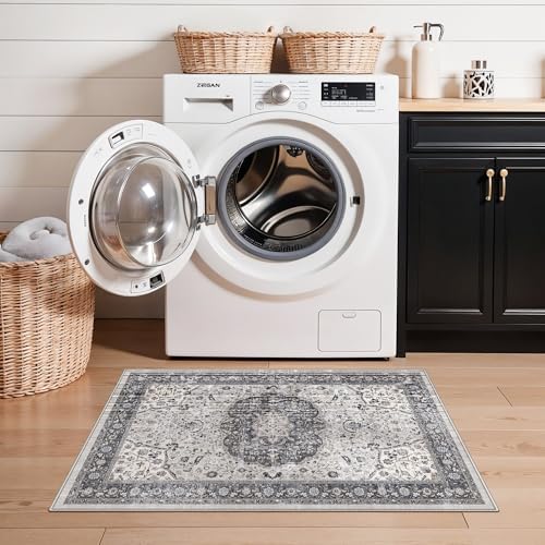 Washable 2x3 Entryway Area Rug: Vintage Soft Thin Door Mat with Non Slip Backing Water Resistant Carpet for Bedroom Low