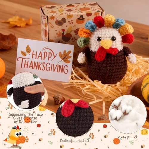 Happy Thanksgiving Gifts Crochet Turkey - Handmade Crochet Turkey Animal for Kids Women Men Family Friends, Fall Thanksgiving Basket Stuffers with Card&Box for Table Desk Home Decoration