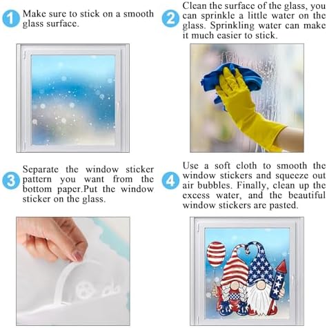 Whaline 6 Sheets Patriotic Window Clings Happy 4th of July Window Decal USA Gnome Star Firework Reusable Glass Sticker for Independence Day Memorial Day Home Party Decor