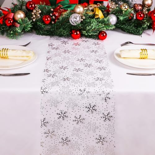 Snowkingdom Christmas Snowflake Silver Table Runner 11 Inch x 49 Feet Sparkly Silver Foil Glitter Metallic Mesh Runners Dining Table Decorations for Seasonal Winter Xmas Festival Holiday Home Party