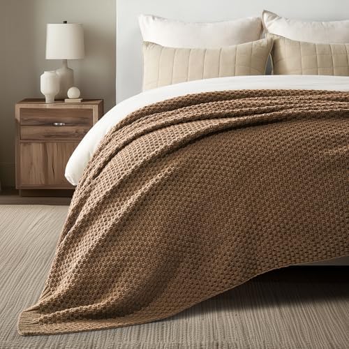 EVERGRACEHOME Chunky Chenille Knit Throw Blanket, 90 x 90, Camel Brown