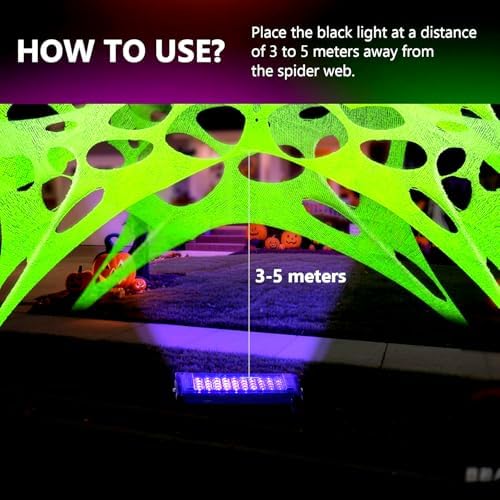 Glow in The Dark Green 1000 Sqft Uncut Giant Spider Web Halloween Decorations Outdoor with 1 Black Light &10 Ground Nails Stretchy Beef Cloth Netting DIY for Yard Party