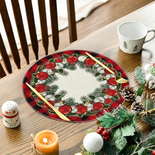 Artoid Mode Holly Balls Ornament Buffalo Plaid Merry Christmas Round Placemats Set of 4, 14 Inch Winter Round Table Mats for Dining Decoration