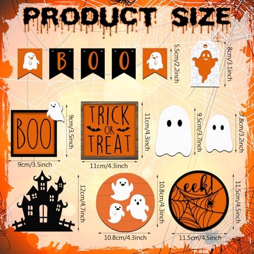 Umigy 15 Pcs Halloween Tiered Tray Decor Orange Ghost Wooden Signs Boo