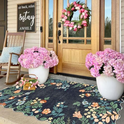 Dark Navy Floral Entry Rug - 3x5 Ft Washable Indoor Outdoor Mats for Front Door Porch Rug Non-Slip Spring Door Mat Boho