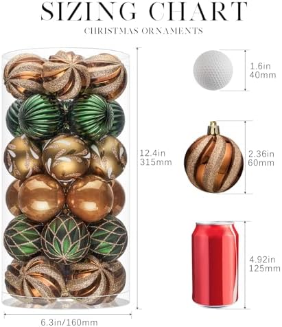 JORNOY Christmas Balls Ornaments, 30ct Shatterproof Xmas Tree Decorations, Hanging Bulbs Baubles Set with String for Holiday Home Party Decor, 2.36 inch/60mm, Earth Tone