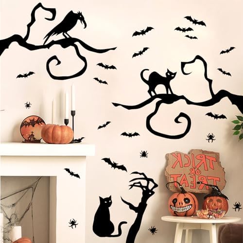 Tree Branch Bat Wall Stickers Halloween Vinyl Black Cat Crow Window Decals