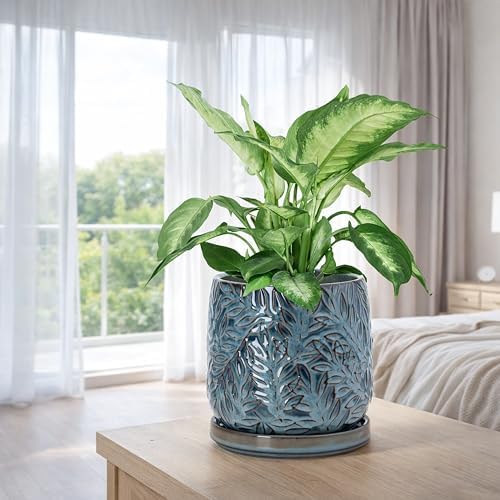 D'vine Dev Embossed Leaves Ceramic Planter, 6 in, Ocean Teal, 27-A-X-8