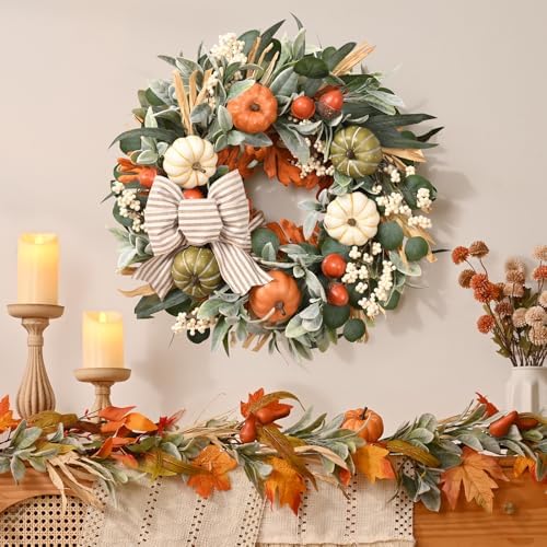 2Pcs 22'' Fall Wreaths for Front Door, Fall Decor for Home Autumn Wreath