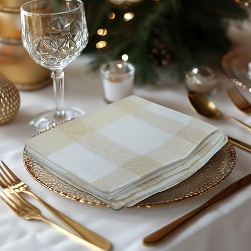 COTTON CRAFT Gold Plaid Holiday Napkins - Set of 12 Cotton Cloth Napkin