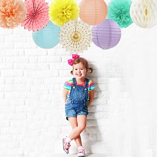 Pastel Rainbow Party Decorations Streamers - 14pcs Boy Girl Kids Birthday Supplies,Pink Yellow Blue Paper Lanterns Fan,Tissue Pom Poms,Honeycomb Balls, Baby Shower Wedding Decor Lasting Surprise