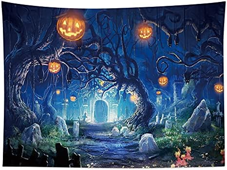 HVEST Halloween Tapestry Night Tapestry Wall Hanging Haunted Woods with Grave and Pumpkins Wall Blanket for Bedroom Living Room Dorm Decor,59W X 51H inches