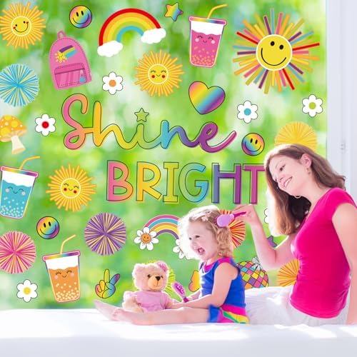 Whaline 9 Sheets Summer Cartoon Sun Window Cling Stickers Boho Sun Sunshine Window Decals Shine Bright Reusable Decoration for Back to School Party Home Classroom