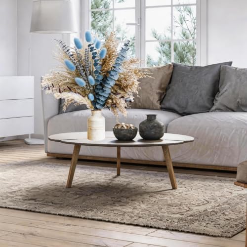 Dusty Blue Dried Flower Bouquet with Pampas Grass, Bunny Tails, Lavender and Eucalyptus, Beige Boho Floral Arrangement