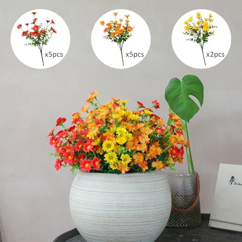 alyptus Faux Flowers Outdoor Artificial Mums – 12 Bundles UV Resistant Fall Flowers for Planter Porch Patio Yard Garden Decoration(Red 5, Orange 5, Yellow 2)