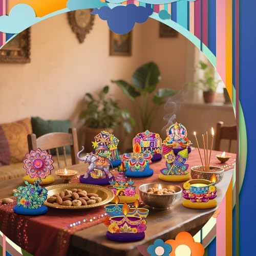 Wesiti 12 Pcs Diwali & Ganesh Chaturthi Decorations Diwali Table Decorations Signs Indian Festival Table Centerpiece with Ganesha Idol, Peacock, Lotus Marigold Tea Lights for Mandap Home Office Decor