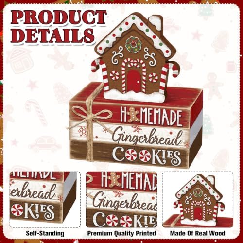 Geelin 4 Pcs Christmas Tiered Tray Decor Wooden Book Stack Signs, Gingerbread Christmas House Table Decor, Farmhouse Rustic Centerpieces for Shelf Coffee Bar Office Desk Decorations