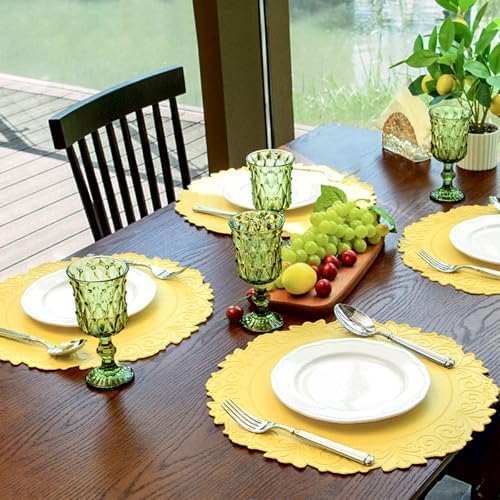 Round Faux Leather Placemats Set of 6, Dining Table Mats, Mango Yellow