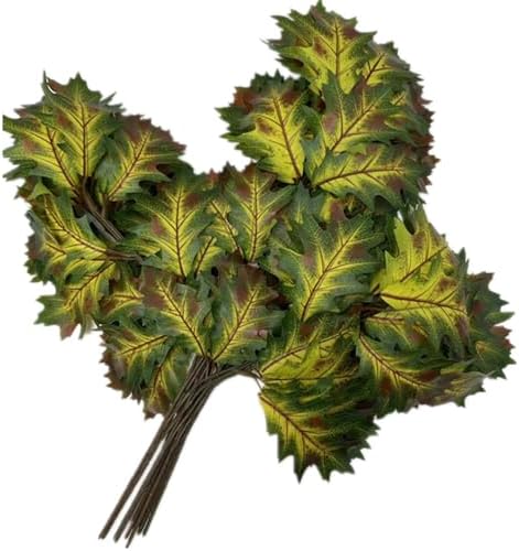 12pcs Artificial Oak Tree Branch Faux Eiche Leaf Stem Three Forks per piece for Greenery Wall Floral Decoration (Yellow Green)