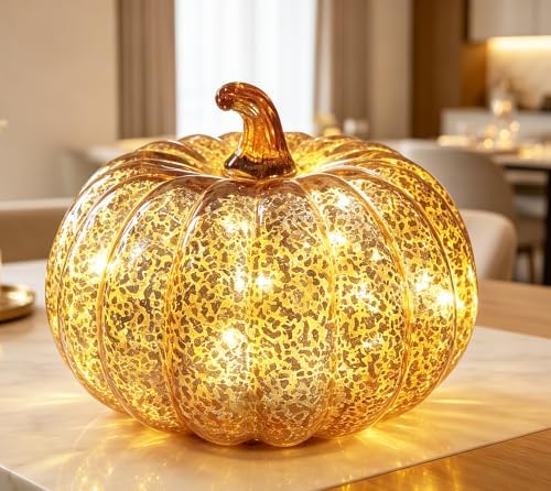 Fall Decor for Home,Mercury Glass Pumpkin Lights with Timer(Chocolate)