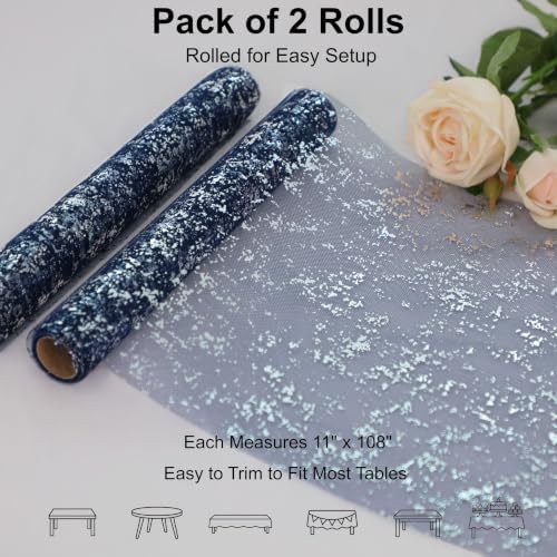 2 Pcs Navy Blue Silver Table Runner, Glitter Metallic Foil Mesh Roll 108"