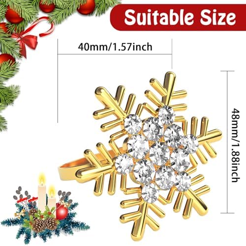 Halatool Christmas Napkin Rings Set of 6, Gold Snowflake with White Rhinestone Napkin Holder for Christmas Thanksgiving Winter Holiday Place Setting, Weddings, Party Table Decoration