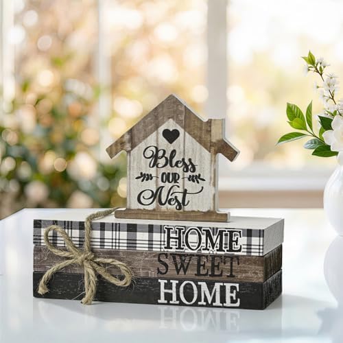 Smile Farmhouse Wooden Tabletop Decor Rustic Home Sweet Home Table Centerpiece, Block Sign Tiered Tray Decoration for Kitchen Shelves Desk Mantel