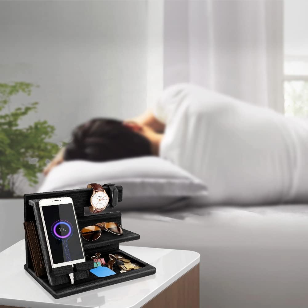Gifts for Men Bedside Organiser Wood Phone Docking Station Dad Birthday Gifts for Him Nightstand Key Wallet Watch Stand