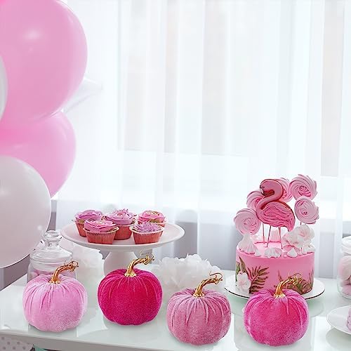 Winlyn 4 Pcs Assorted Faux Pink Velvet Pumpkins Decorative Fabric Pumpkins 5" for Gifts Fall Wedding Baby Shower Thanksgiving Halloween Table Centerpiece Mantel Bowl Farmhouse Decor