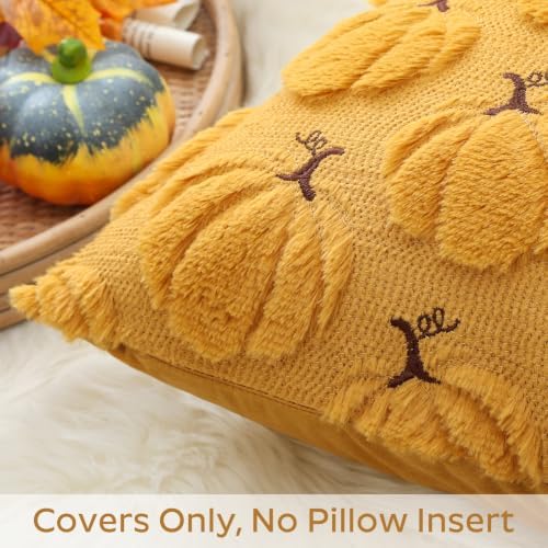 Artscope Pumpkin Fall Throw Pillow Covers 12x20 Set of 2, Autumn Soft Plush Faux Fur Decoration Cushion Covers for Thanksgiving Holiday Couch Sofa Bedroom Home Decor-Mustard Yellow