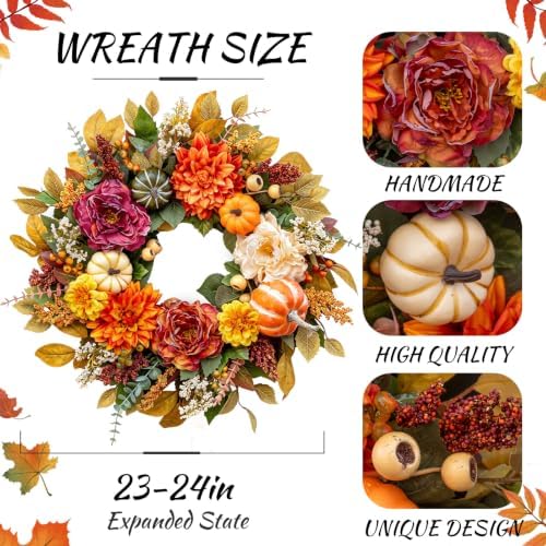 Fall Wreaths for Front Door Outside 24 Inch,Rustic Harvest Autumn Wreath