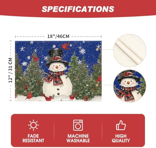 Artoid Mode Blue Snowman Trees Bird Christmas Placemats Set of 6, 12x18 Inch Seasonal Winter Table Mats for Party Kitchen Dining Decoration
