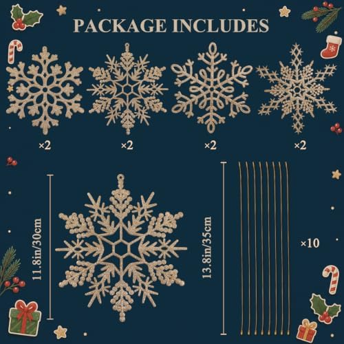 8pcs Large Champagne Gold Snowflakes Ornaments 12” Big Plastic Glitter Snowflake for Winter Indoor Outdoor Christmas Tree Window Room Decorations Giant Craft Snowflakes