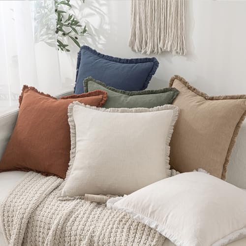 MIULEE Boho Linen Fringe Decorative Throw Pillow Covers Camel 18x18