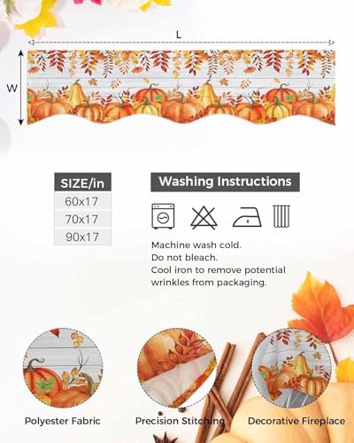 Fall Mantel Scarf for Fireplace, Red Orange Pumpkin Leaf Farmhouse Wood Plank Fireplace Cover Decorations Indoor Thanksgiving Mantel Top Scarf Runner for Seasonal Autumn Holiday Party, 17 x 70 Inch