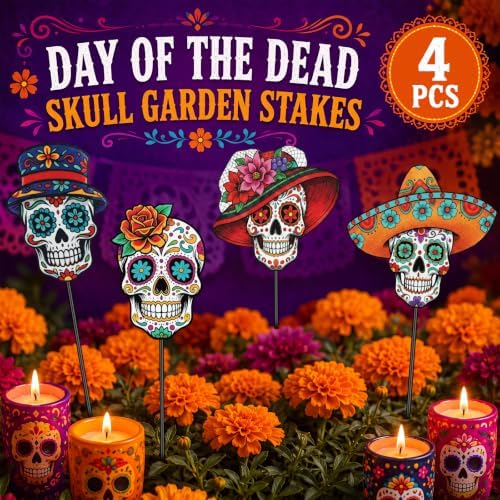 Chunful 4 Pcs Day of The Dead Decorative Garden Stake Sugar Skull Halloween