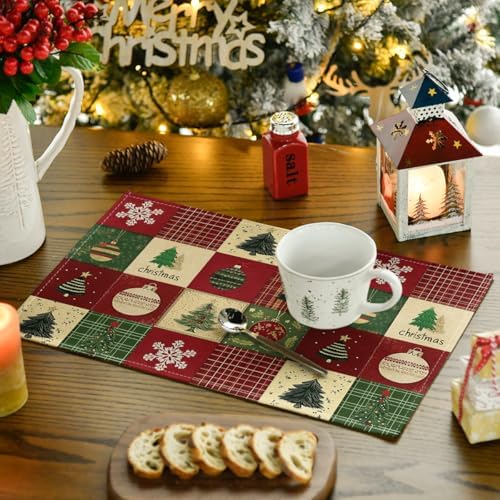 Artoid Mode Xmas Trees Christmas Balls Placemats Set of 4, 12x18 Inch Table Mats for Winter New Year Holiday Party Kitchen Dining Decoration