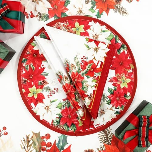 Christmas Poinsettia Cotton Cloth Napkins, Red, 18×18 in, Set of 4