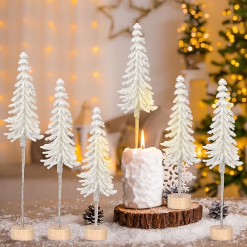 Jetec 6 Pcs Mini Christmas Tree Small Alpine Trees Tabletop Artificial Pine Christmas Tree with Wooden Base Snow Frost Village Bottle Brush Trees Holiday Season Decoration Centerpiece Displays(White)